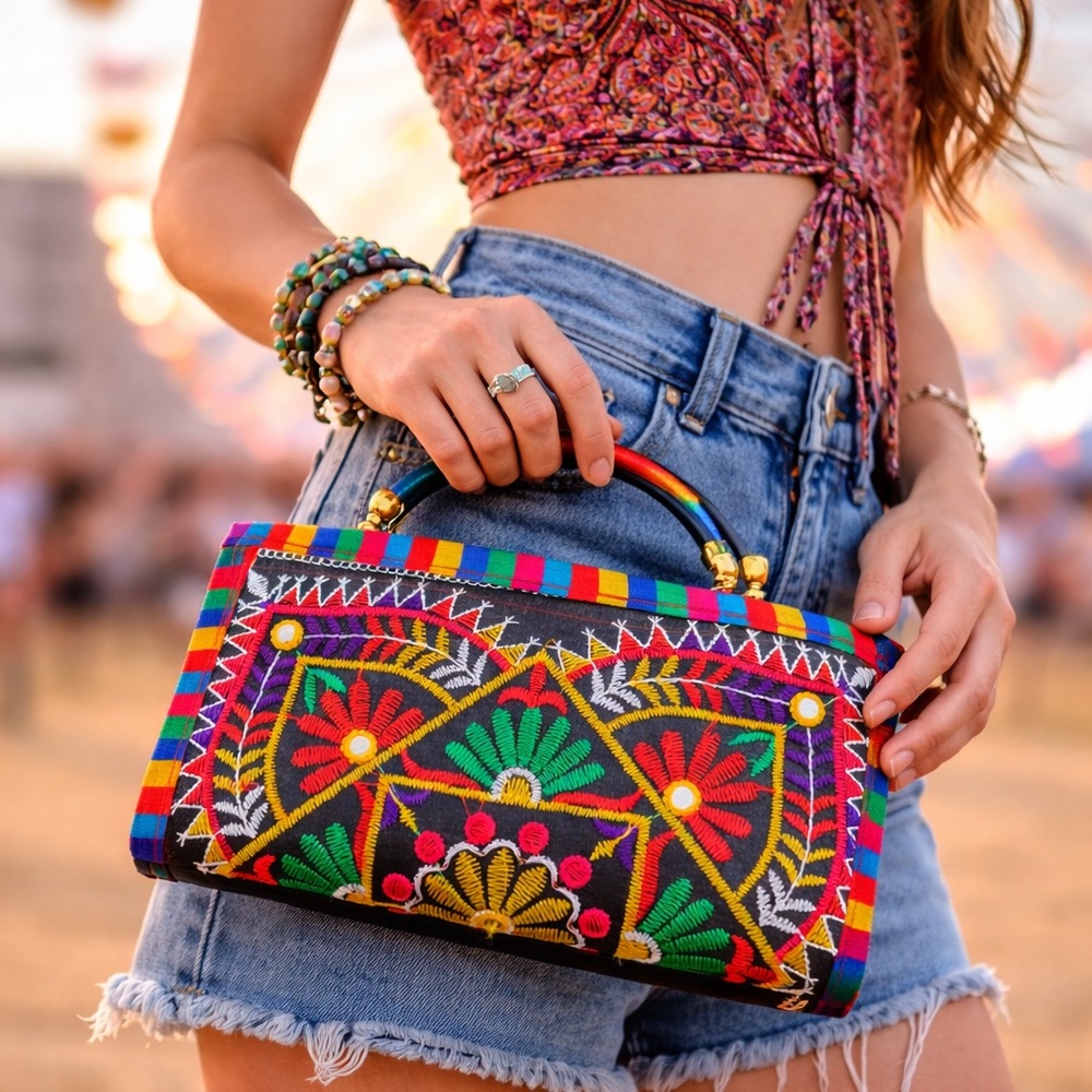 Boho Embroidered Clutch Colorful Festival Statement Purse - Picture 2 of 5